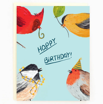 Birthday Birds Card - Light blue birthday card with colorful illustrated birds holding a balloon and wearing a party hat.