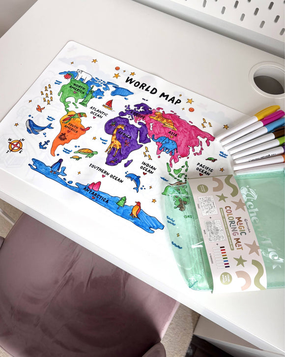 Magic Coloring Mat - Silicone Washable & Reversible Coloring Placemat and Markers Set