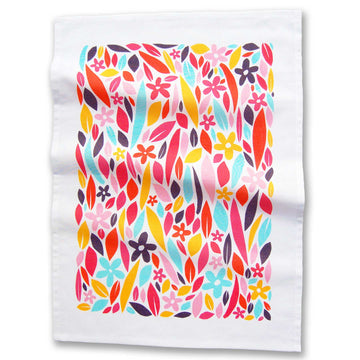 Wildflower Tea Towel - White cotton tea towel featuring colorful red, pink, yellow, blue, and purple wildflower pattern.