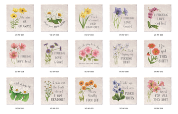 Naughty Florals Coasters (assorted designs) - Set of 15 handmade Canadian floral coasters with cheeky, unique sayings in pastel colors, perfect gift.