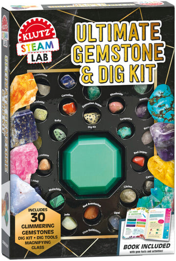 STEAM Lab: Ultimate Gemstone and Dig Kit - STEAM Lab Ultimate Gemstone and Dig Kit with colorful gems, digging tools, and Canadian handmade gift packaging.