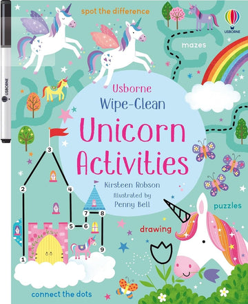 Wipe-Clean Unicorn Activities - Colorful activity book cover featuring whimsical unicorns, rainbows, and playful fonts, unique Canadian gift.