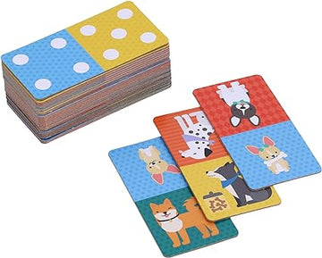 Dominoes Spot the Difference Doggies - Stack of colorful dominoes with playful dog illustrations on each tile, unique handmade Canadian gift game.