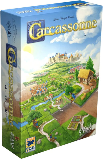 Carcassonne Board Game - Carcassonne board game box with colorful medieval landscape, unique handmade Canadian gift game.