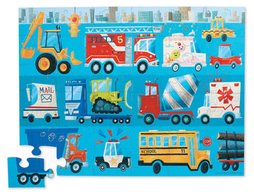 36 PC Puzzle: Vehicles - Colorful 36-piece jigsaw puzzle featuring illustrated vehicles like fire truck, school bus, and construction equipment on.