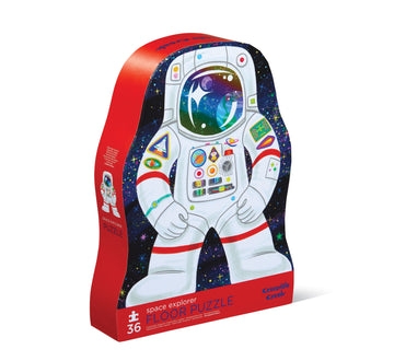36 PC Puzzle: Space Explorer - Handmade Canadian 36-piece floor puzzle shaped like a colorful space explorer astronaut, unique gift for kids.