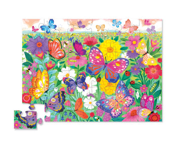 36 PC Puzzle: Butterfly Garden - Colorful 36-piece jigsaw puzzle featuring vibrant butterflies and garden flowers on cardboard, designed for kids.