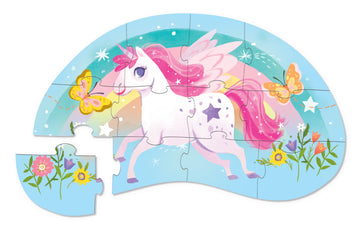 12 PC Mini Puzzle: Sweet Unicorn - 12-piece mini jigsaw puzzle with a white unicorn, pink mane, colorful flowers, and butterflies on a blue background.