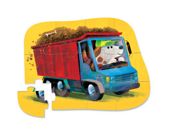 12 PC Mini Puzzle: Go Big Dog - 12-piece colorful jigsaw puzzle featuring a blue dump truck with a dog driver on yellow background.