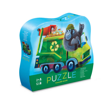 12 PC Mini Puzzle: Go Gorilla - Handmade Canadian 12-piece mini puzzle featuring a playful gorilla on a green recycling truck, unique gift for kids ages 2-4.