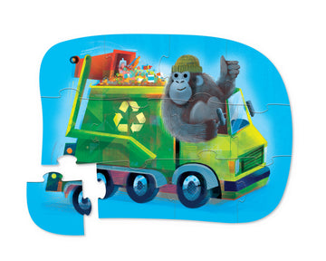 12 PC Mini Puzzle: Go Gorilla - 12-piece colorful cartoon puzzle featuring a smiling gorilla on a green recycling truck on blue background.