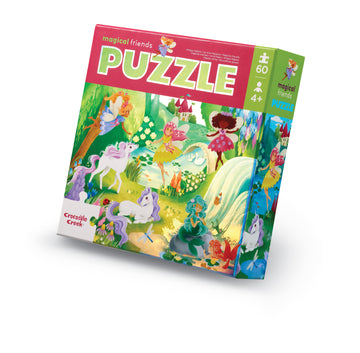 60 PC Foil Puzzle: Magical Friends - 60-piece handmade Canadian jigsaw puzzle featuring colorful magical forest friends, perfect gift for kids 5-7 years.