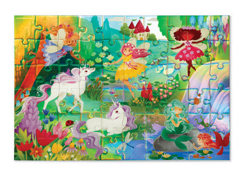 60 PC Foil Puzzle: Magical Friends - Colorful foil puzzle with whimsical fairies, unicorns, flowers, and a castle, 60 pieces.