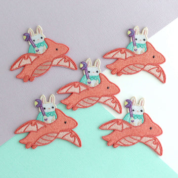 Bunny Mage Riding Dragon Embroidered Iron-On Patch - 0