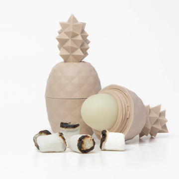 Cream Pineapple Lip Balm - Marshmallow - Cream-colored pineapple-shaped lip balm container with geometric texture and marshmallow pieces, unique handmade Canadian.