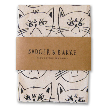 Snitty Kitty "Life is Beautiful" Tea Towel - Handmade beige cotton tea towel with black cat faces, a unique Canadian gift by Badger & Burke.
