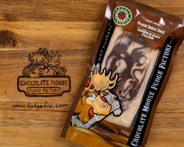 Fudge - Peanut Butter Swirl - Handmade Canadian peanut butter swirl fudge gift in clear packaging with chocolate moose logo.