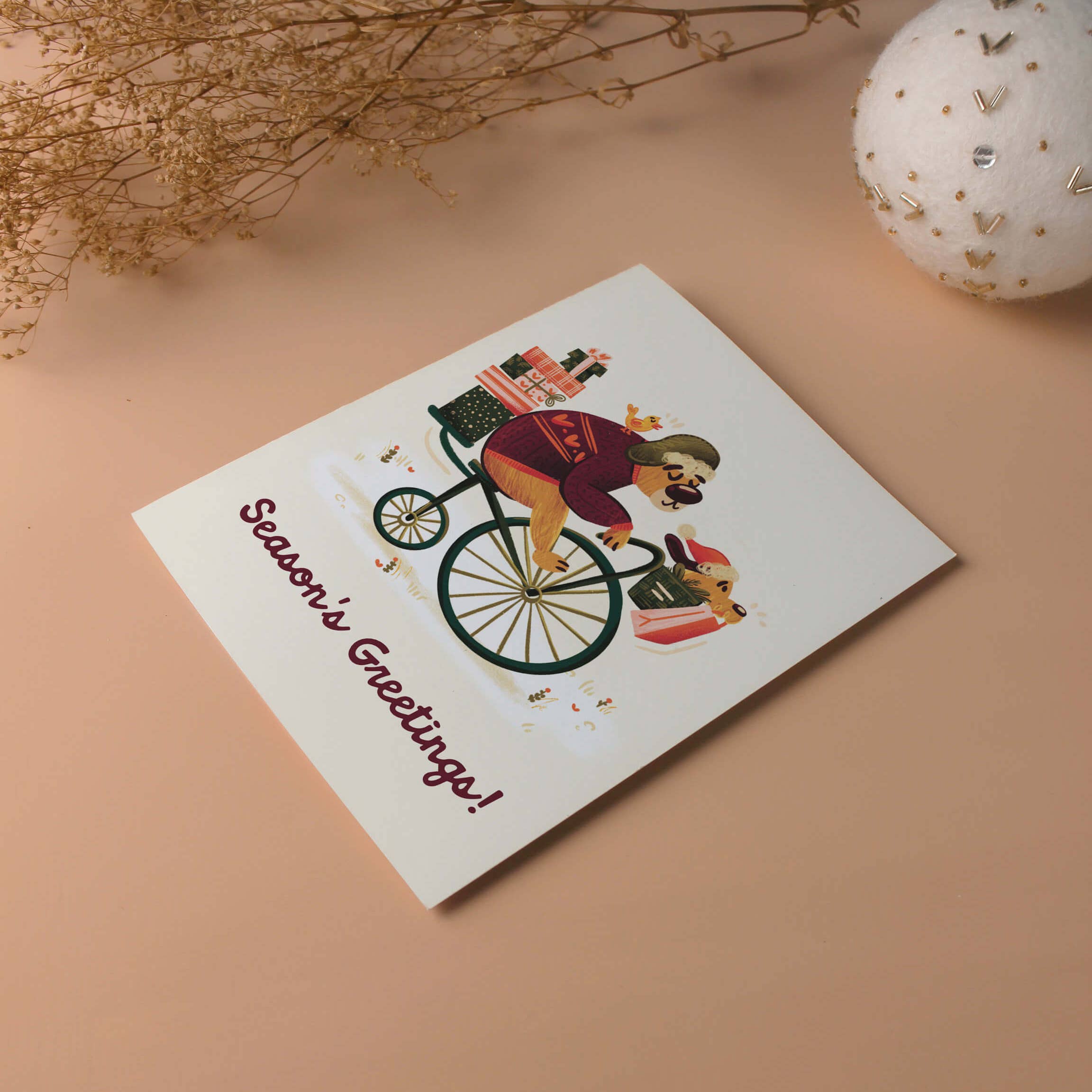 Gift Delivery Bike Bear - Illustrated Holiday Card