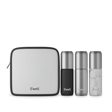 Onyx Travel Bottle Set - Onyx Travel Bottle Set with silver and marble pattern bottles and compact white zippered case, handmade Canadian gift.