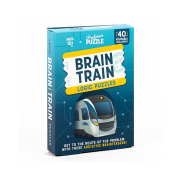 Brain Train Logic Puzzles - Brain Train Logic Puzzles game box with train illustration, unique handmade Canadian gift for kids ages 7-12.