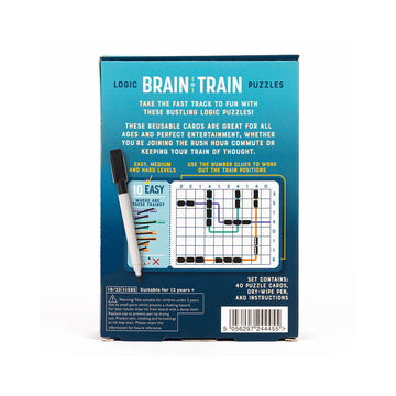 Brain Train Logic Puzzles - Brain Train Logic Puzzles box back with grid puzzle, highlighting unique handmade Canadian gift for kids ages 7-12.