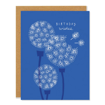 Dandelion Birthday - Greeting Card - Blue greeting card with white dandelion design and "Birthday wishes" text, unique handmade Canadian gift.