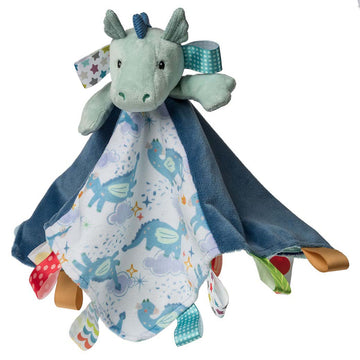 Taggies Character Blanket - Drax Dragon - Handmade Canadian Taggies Character Blanket with soft dragon head and colorful ribbon tags, unique baby gift.