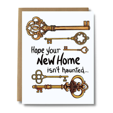Keys New Home Card - Handmade Canadian greeting card with bronze vintage keys and "Hope your New Home isn't haunted..." text, unique gift idea.