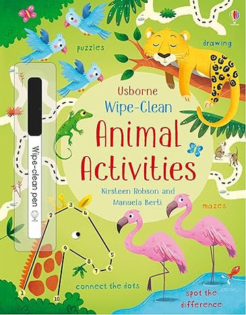 Wipe-Clean Animal Activities - Wipe-Clean Animal Activities book with colorful jungle animals, reusable marker included, unique handmade Canadian gift.