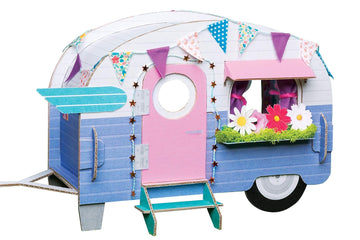 Make Your Own Tiny Camper - Handmade miniature camper craft kit with pink door, blue siding, flower box, and festive bunting, unique Canadian gift.