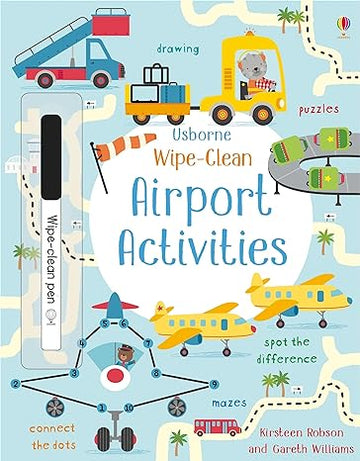 Wipe-Clean Airport Activities - Wipe-Clean Airport Activities book with colorful planes and airport illustrations, includes a black pen, unique Canadian.
