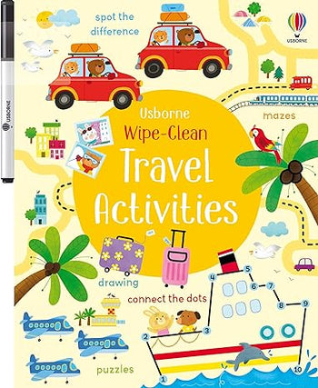 Wipe-Clean Travel Activities - Yellow cover of a Canadian handmade travel activity book for kids aged 2-4 with spot the difference, mazes, and connect the.