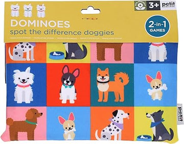 Dominoes Spot the Difference Doggies - Colorful dominoes set featuring handmade Canadian dog designs, unique gift for kids ages 3+.