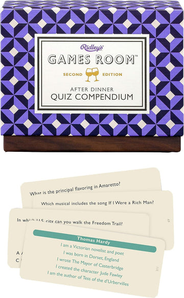 After Dinner Trivia - Handmade Canadian After Dinner Trivia game box with unique purple geometric pattern and quiz cards laid out as gift for.