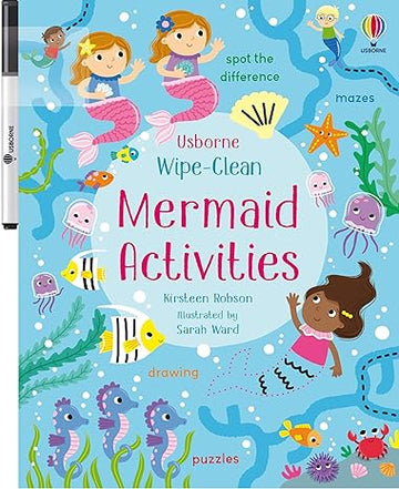 Wipe-Clean Mermaid Activities - Colorful wipe-clean activity book for kids featuring mermaids, sea creatures, and puzzles, unique Canadian gift.