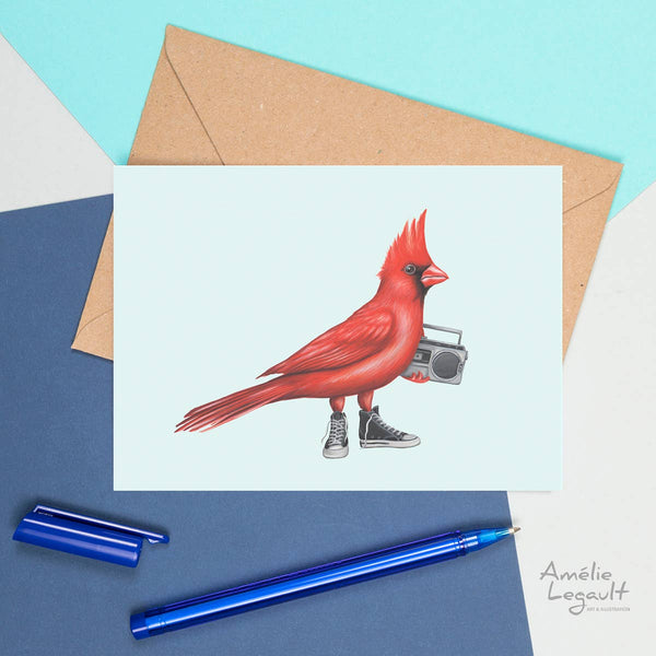 Cardinal bird card, bird greeting card, bird wearing shoes