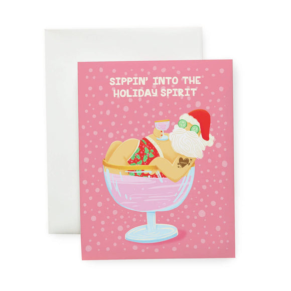 Sipping Into The Spirit Santa - Illustrated Holiday Card