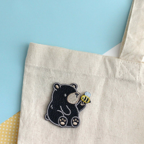 Black Bear and Bee Embroidered Patch