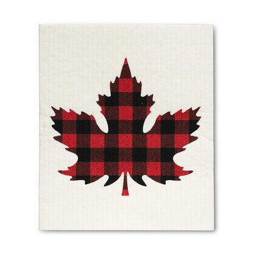 Buffalo Check Maple Leaf Dishcloths. Set of 2 - Handmade Canadian tea towel with black and red buffalo check maple leaf design, unique gift.