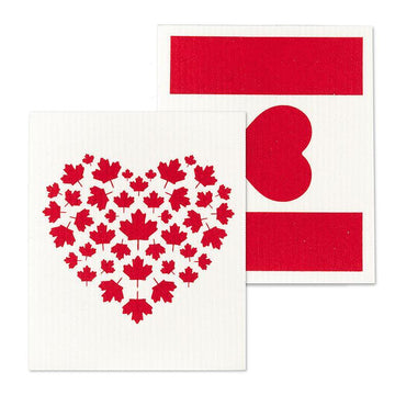 Canada Flag & Heart Dishcloths - Set of 2 - Set of 2 handmade Canadian dishcloths featuring a heart of maple leaves and a bold red heart, perfect unique gift.