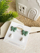 Green Bow & White Tree- Christmas/Winter Earrings-1