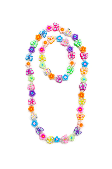 Flutter Flowers Necklace & Bracelet Set - Handmade Canadian kids necklace and bracelet set with colorful flower beads, unique gift accessory.