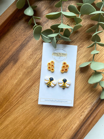 Honey Bee & Honeycomb Stud Duo Earrings - polymer clay