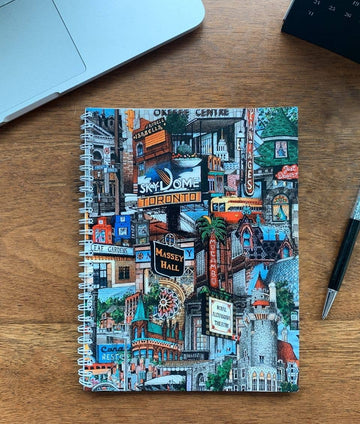 My City Toronto Notebook - Spiral notebook with colorful collage of Toronto landmarks and signs on the cover, featuring a vibrant urban design.