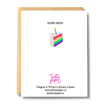 Rainbow Cake Slice Card - Rainbow slice greeting card with colorful layers and single candle, unique handmade Canadian gift.
