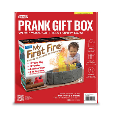Prank Gift Box My First Fire - Red prank gift box labeled My First Fire with a child playing near fake flames, unique Canadian handmade gift packaging.