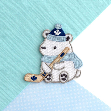 Polar Bear Playing Hockey Embroidered Patch - Maple Leaf Hat