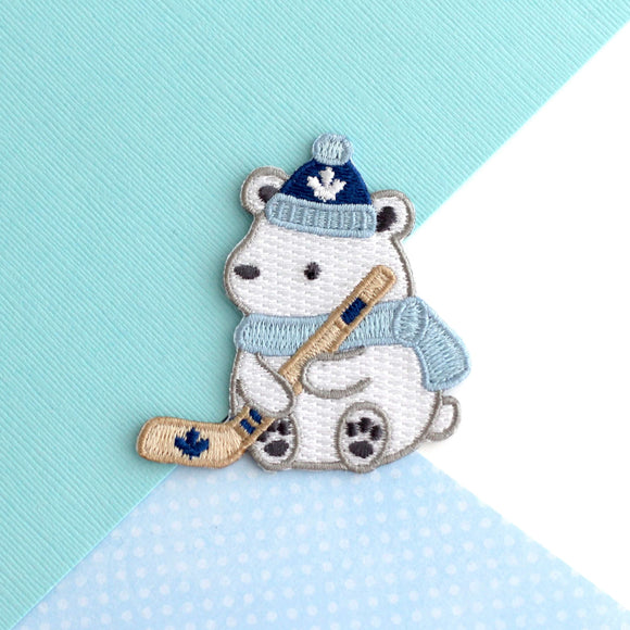 Polar Bear Playing Hockey Embroidered Patch - Maple Leaf Hat