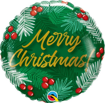 Christmas Foil Balloons (various styles) - Round green foil balloon with white pine branches, red berries, and “Merry Christmas” in gold script, handmade Canadian gift.