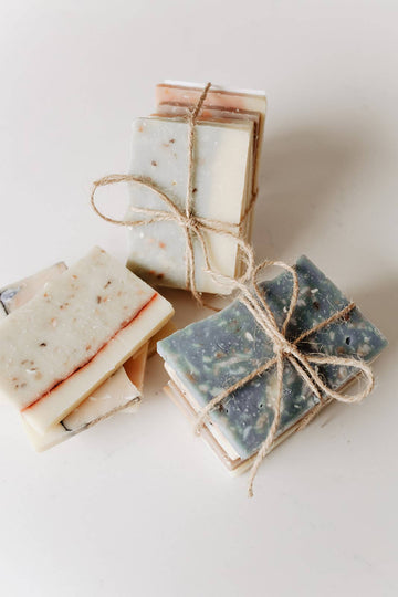 Soap Sample Stack - Stack of handmade Canadian soap samples in assorted natural colors tied with rustic twine, unique gift set.